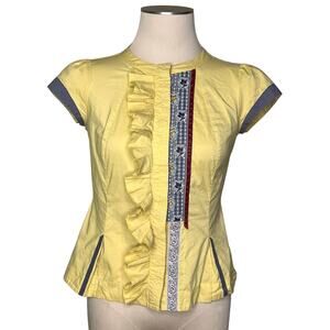 Anthropologie Floreat Morning Surprise Blouse Size 4 Yellow Embroidered Ruffled